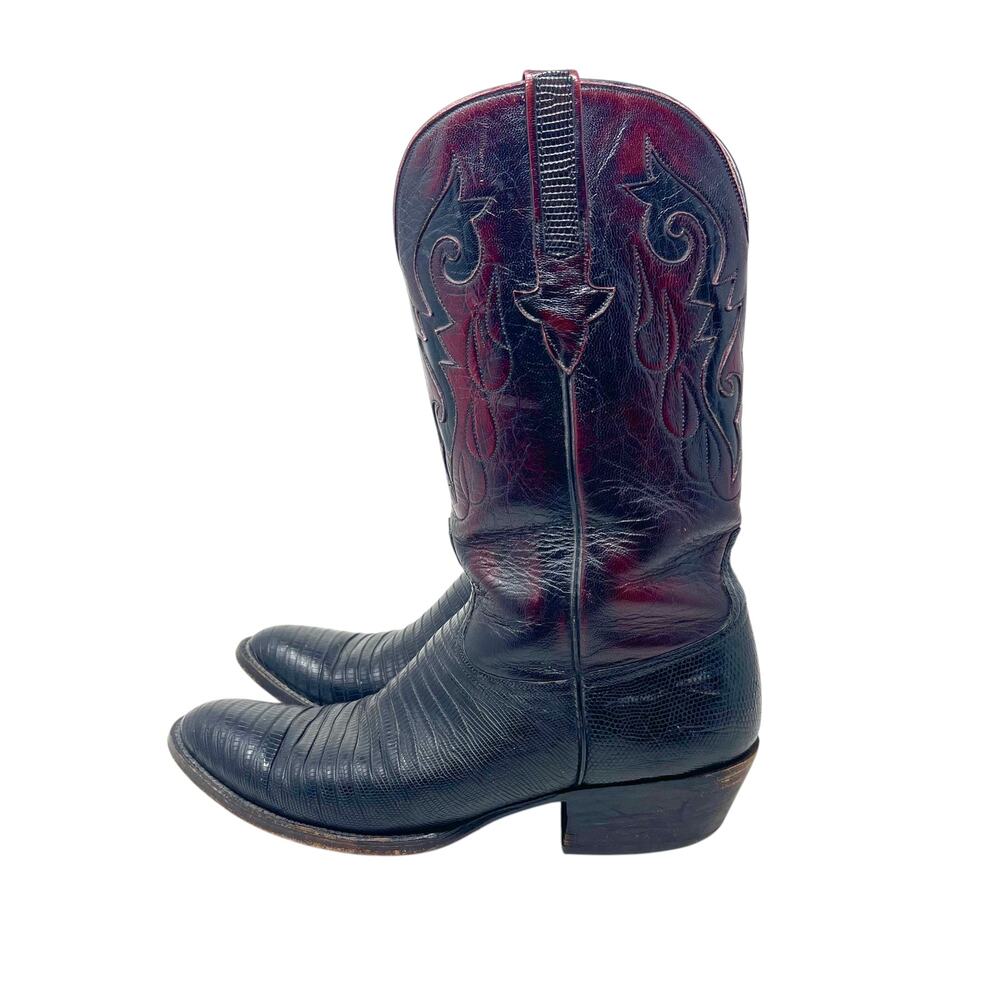 Vintage Lucchese Classics Black Cherry Teju Lizard Western Cowboy Boots - Sz 10D